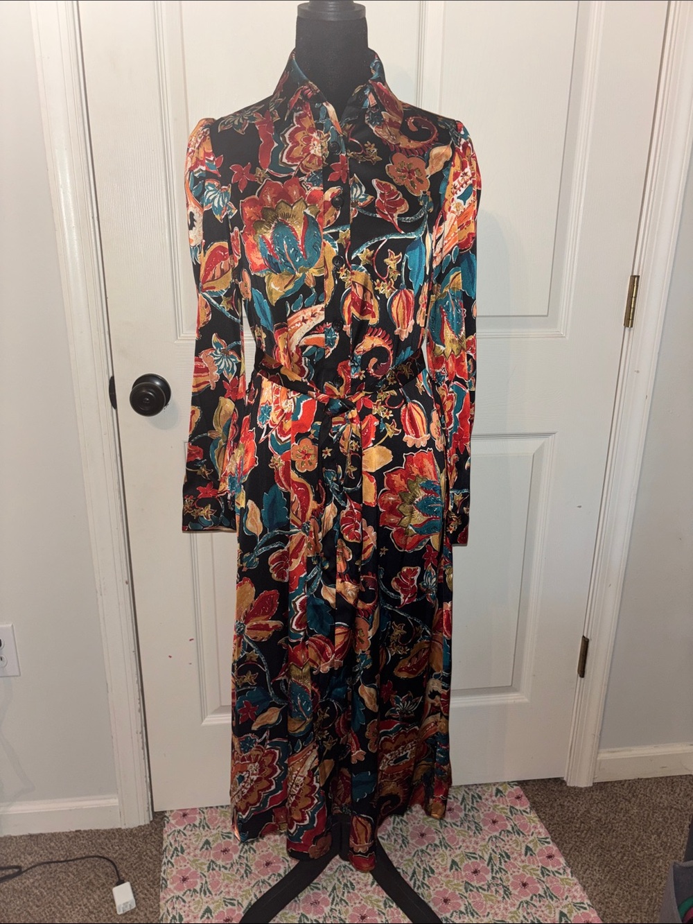 Nicole Miller Black Multi Floral Maxi Shirtdress with Tie Waist 2